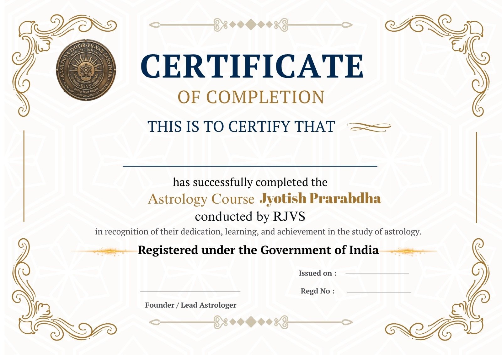 RJVS Vedic Astrology course certificate